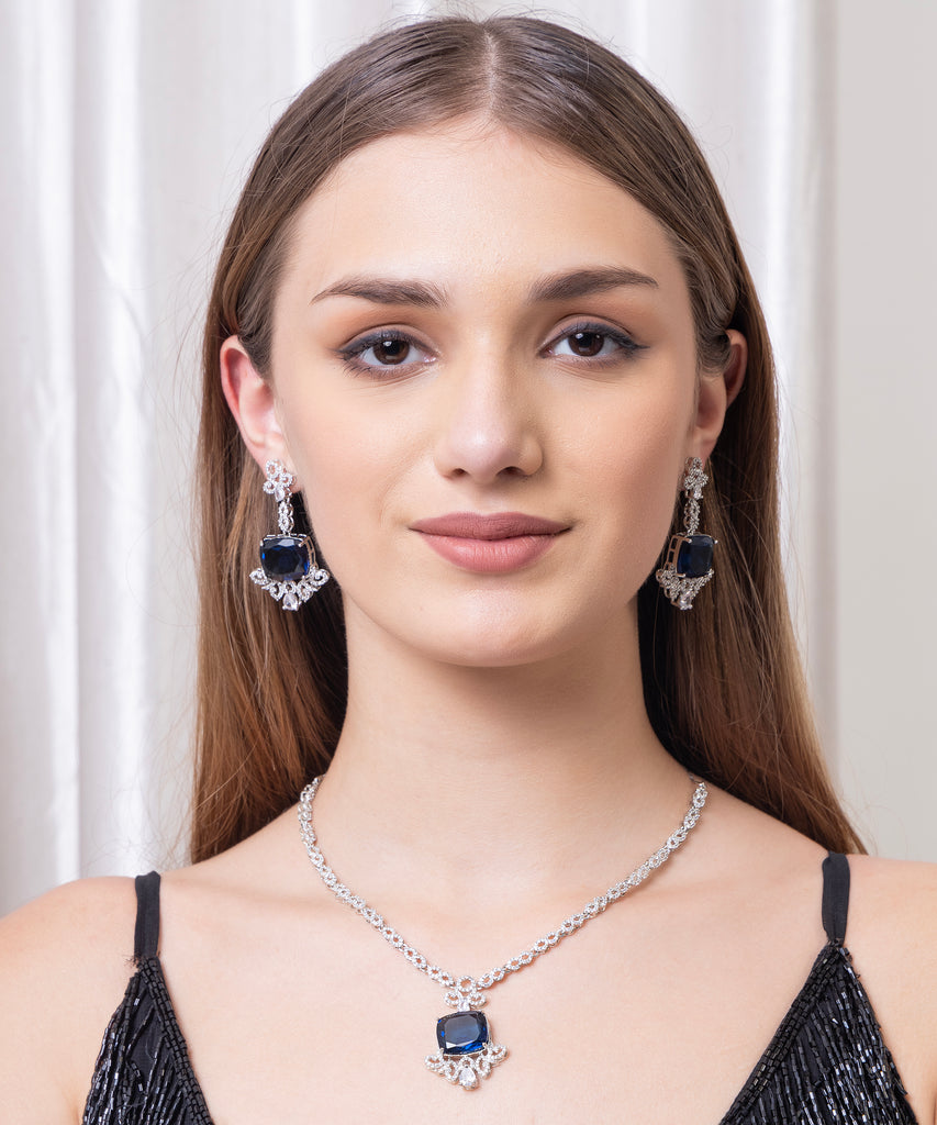 Square Blue stone American Diamond with Earrings