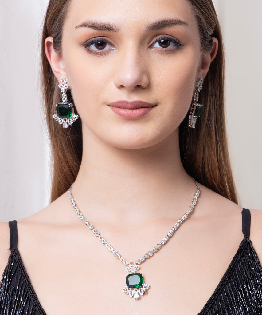 Square Green stone American Diamond with Earrings