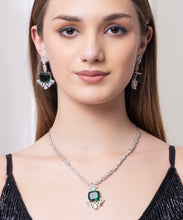 Load image into Gallery viewer, Square Green stone American Diamond with Earrings