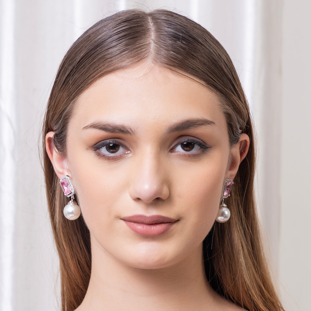 Pink + Blue American Diamond Stone Pearl Earring