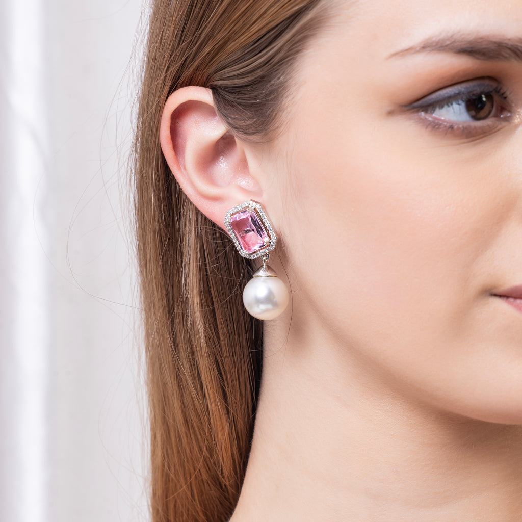 Pink + Blue American Diamond Stone Pearl Earring