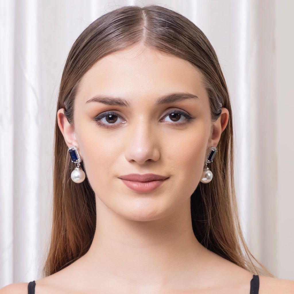 Blue American Diamond Stone Pearl Earring