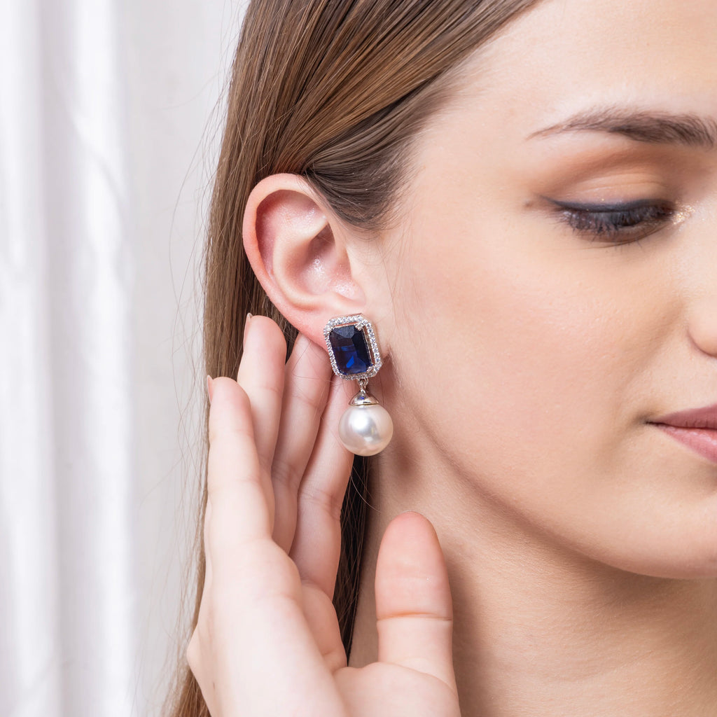 Blue American Diamond Stone Pearl Earring