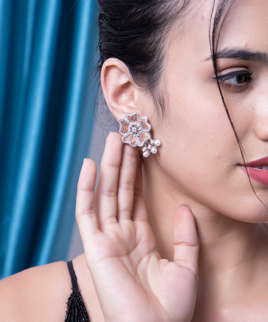 American Diamond Red Flower Earring