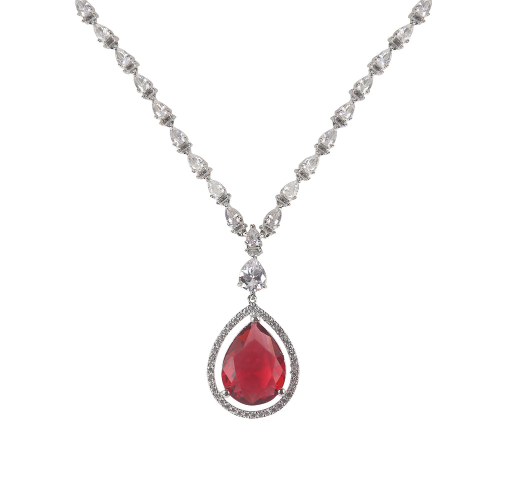 Oval Red stone American Diamond with Earrings