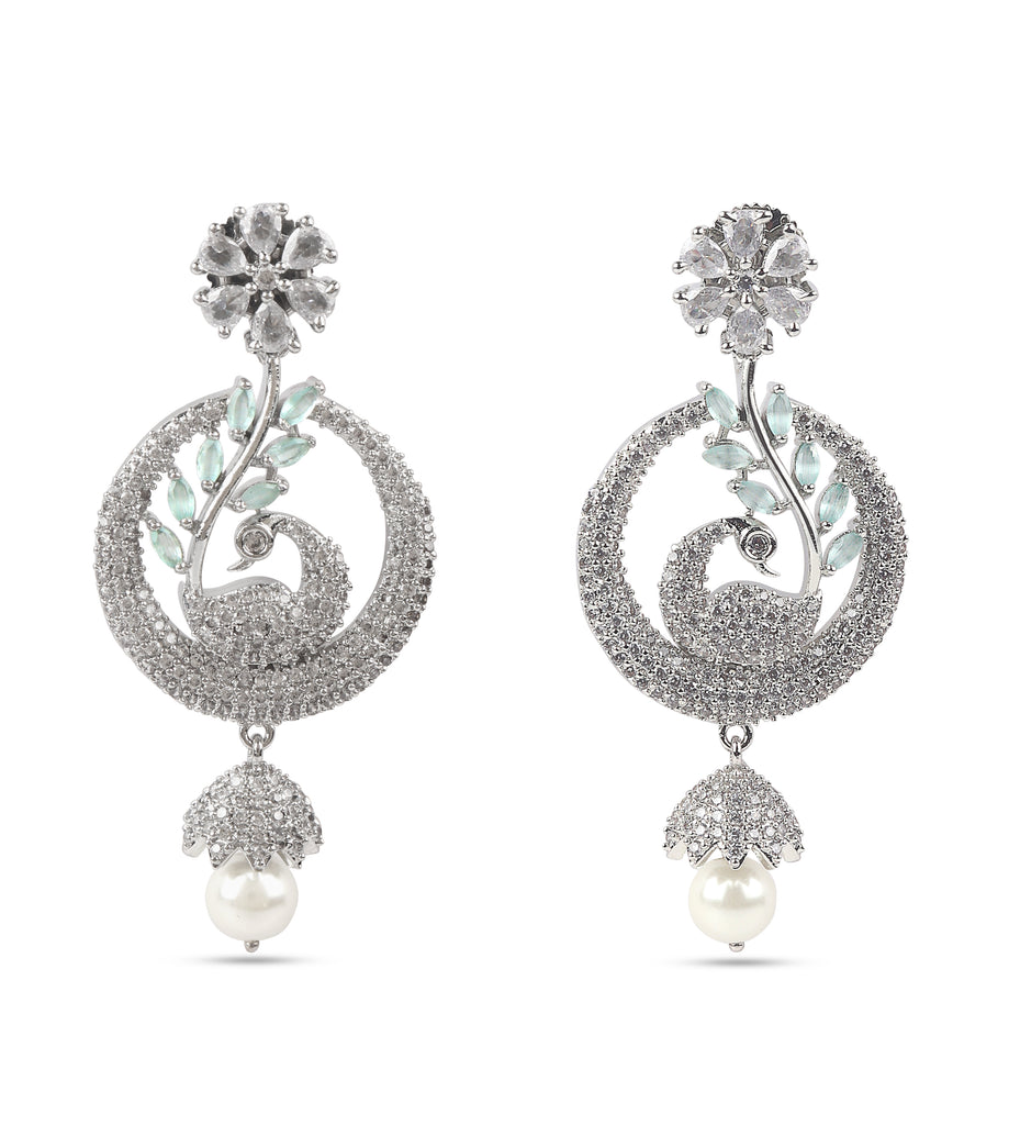 Peacock Design American Diamond SIlver Earring with Green Stone