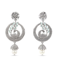 Load image into Gallery viewer, Peacock Design American Diamond SIlver Earring with Green Stone