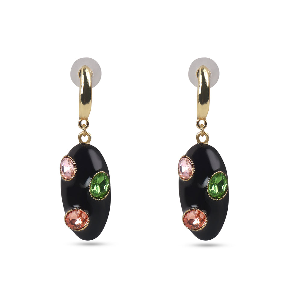 Premium Black Enameled Oval Shape Multicolor Glass Stone Earring