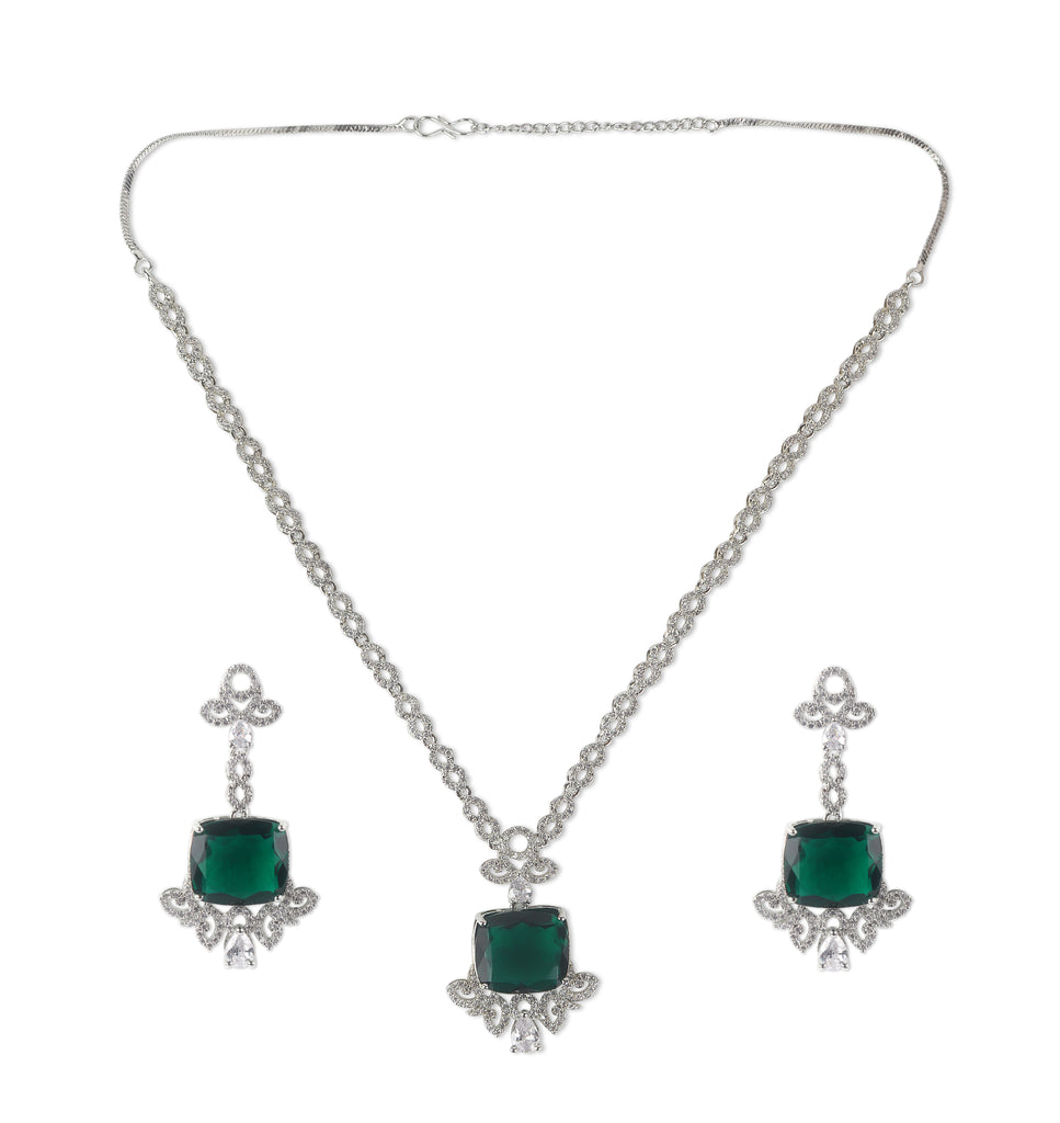 Square Green stone American Diamond with Earrings