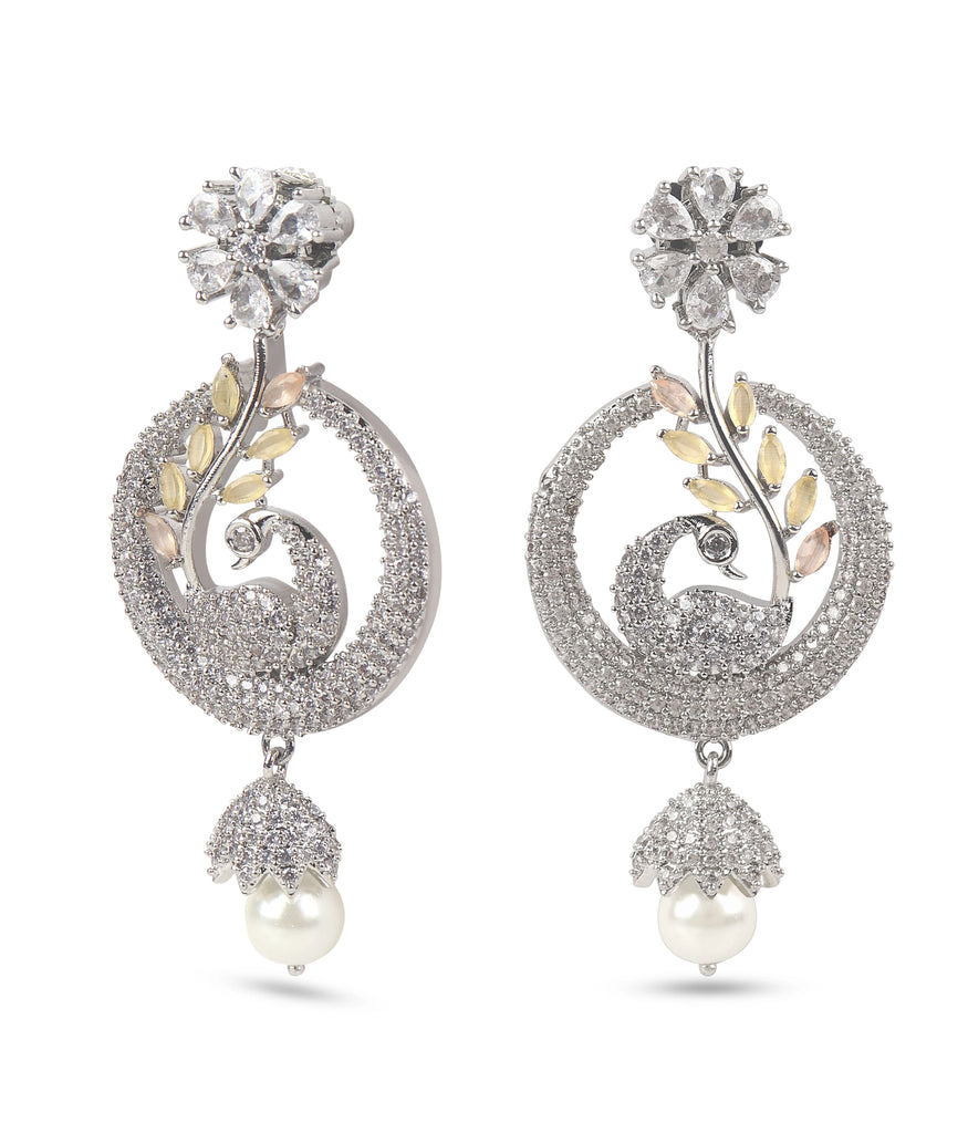 Peacock Design American Diamond Silver Earring with Yellow Stone