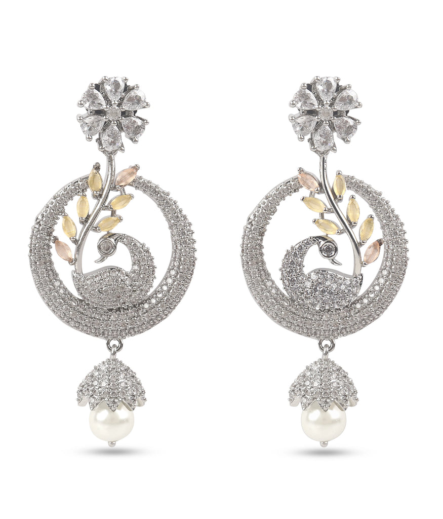 Peacock Design American Diamond Silver Earring with Yellow Stone