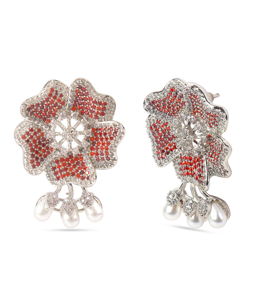 American Diamond Red Flower Earring