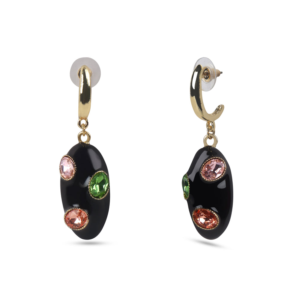 Premium Black Enameled Oval Shape Multicolor Glass Stone Earring