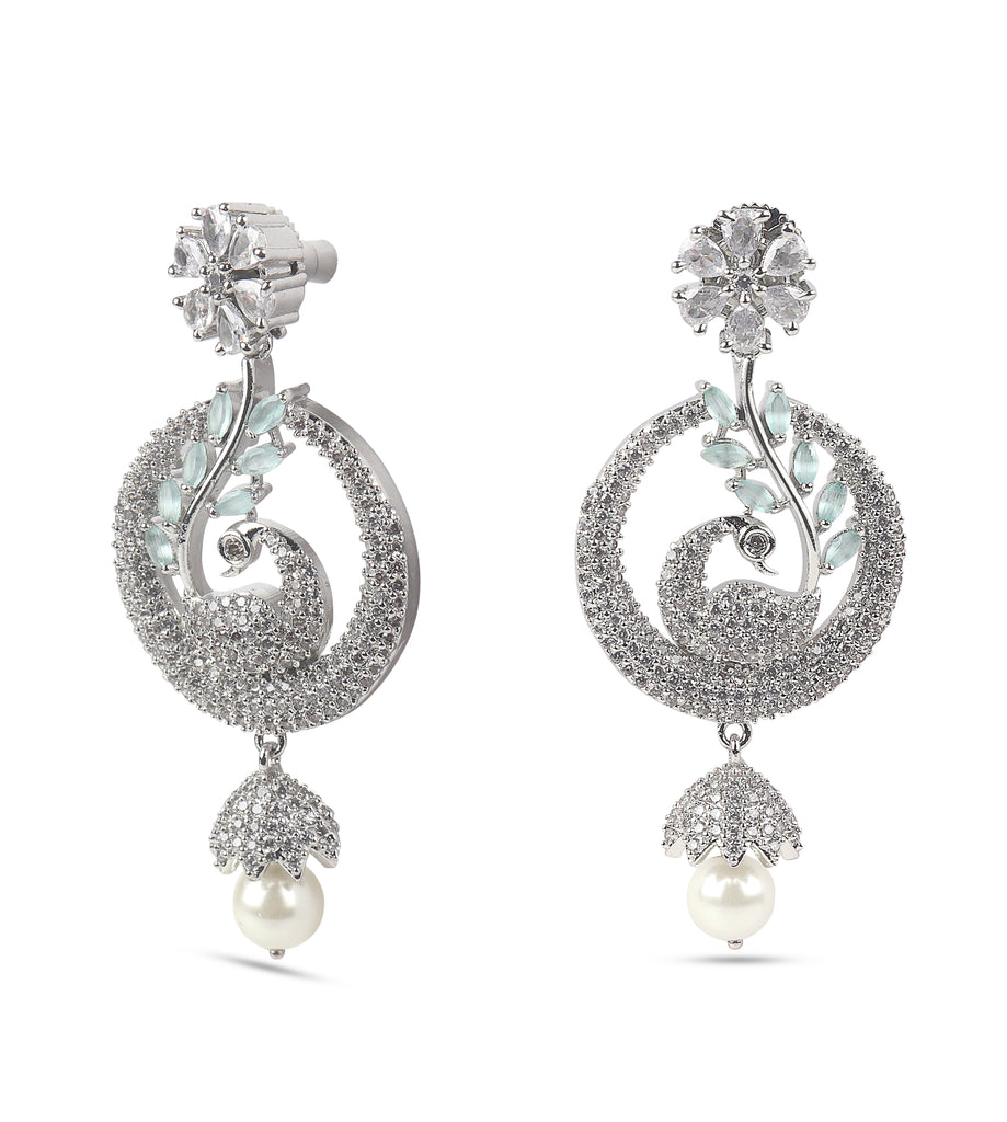 Peacock Design American Diamond SIlver Earring with Green Stone