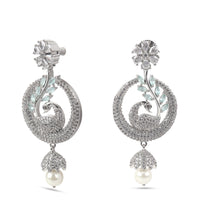 Load image into Gallery viewer, Peacock Design American Diamond SIlver Earring with Green Stone