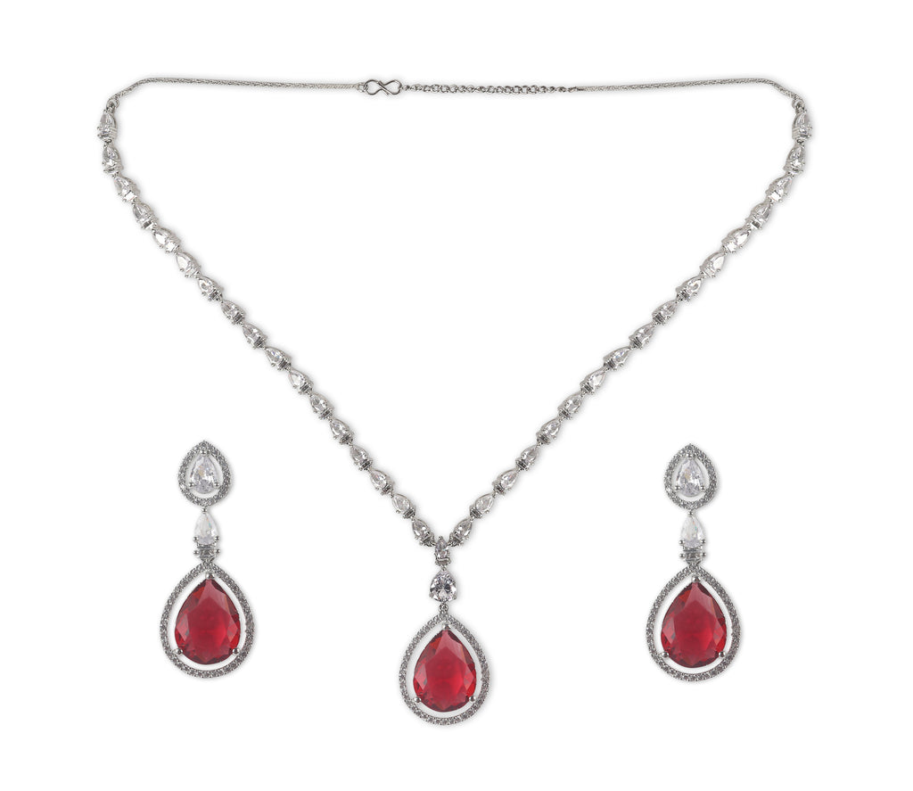 Oval Red stone American Diamond with Earrings