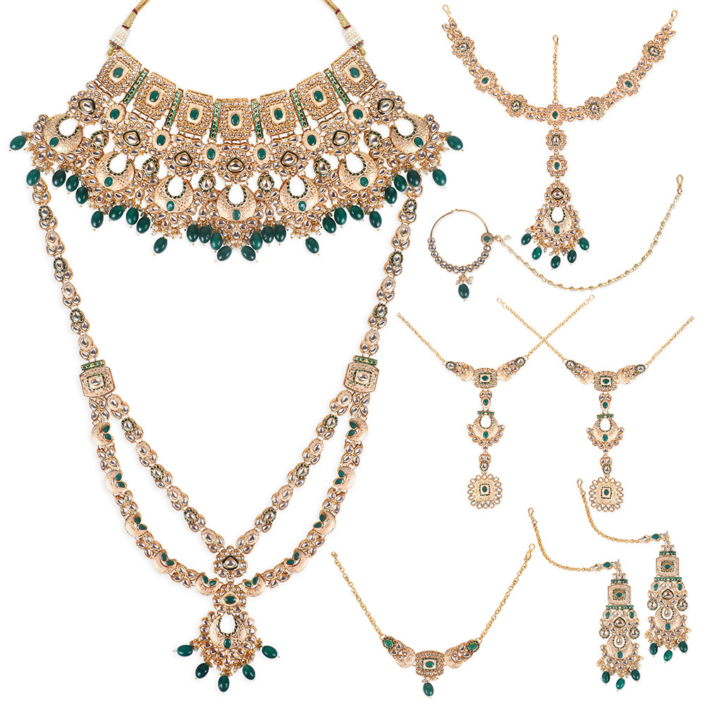 Luxe Gold Plated Kundan Stone With Green Beads Bridal Set