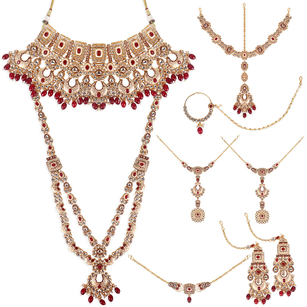 Luxe Gold Plated Kundan Stone With Maroon Beads Bridal Set