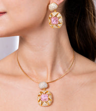 Load image into Gallery viewer, Swarovski nano setting gold Plated With Pink Stone Pendant Set