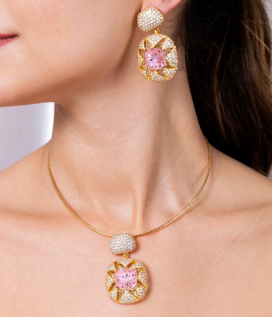 Tasmaye Celestia nano setting gold Plated With Pink Stone Necklace Set