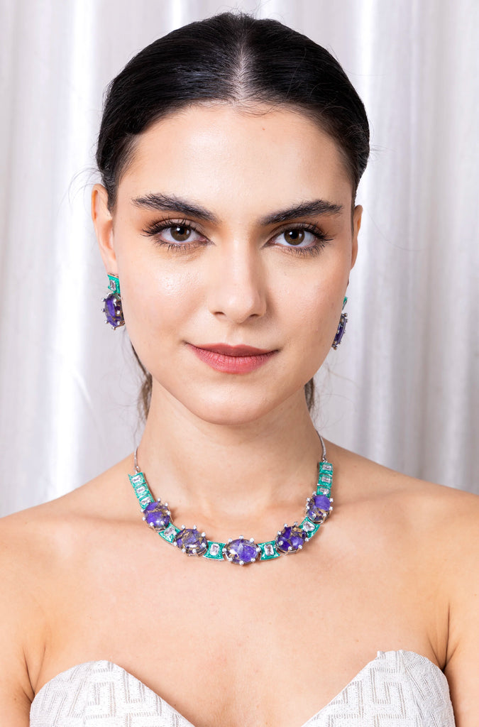 Metallic Doublet Necklace set Sea Green and Purple Colour