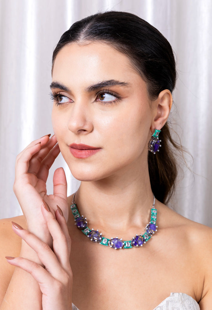 Metallic Doublet Necklace set Sea Green and Purple Colour