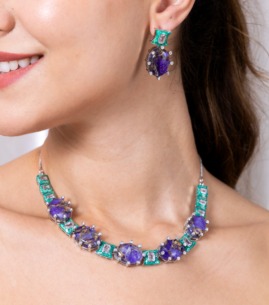 Metallic Doublet Necklace set Sea Green and Purple Colour