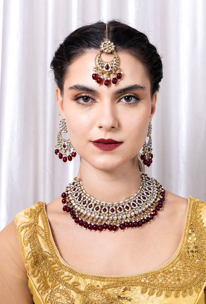 Premium Semi Bridal Kundan Necklace set with Maroon Beads