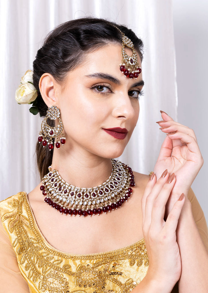 Premium Semi Bridal Kundan Necklace set with Maroon Beads