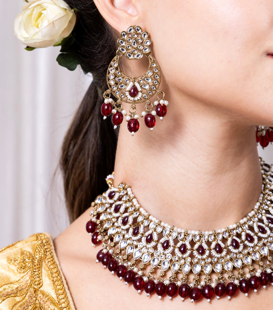 Premium Semi Bridal Kundan Necklace set with Maroon Beads