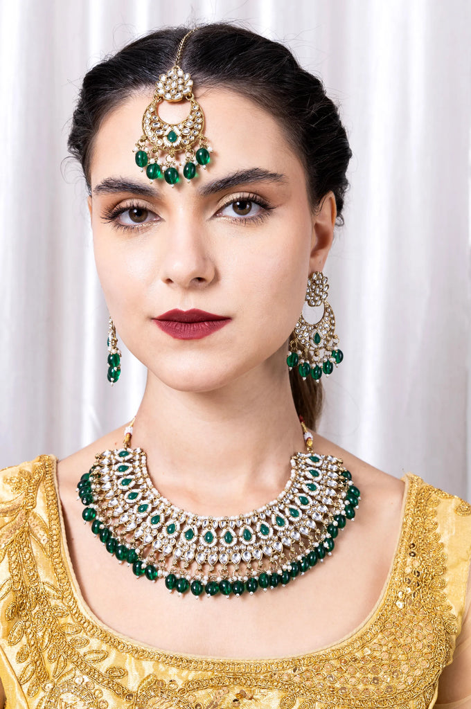 Premium Semi Bridal Kundan Necklace set with Green Beads
