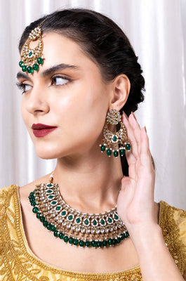 Premium Semi Bridal Kundan Necklace set with Green Beads