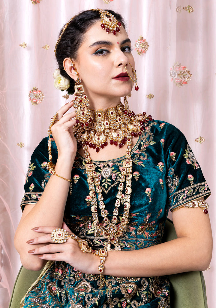 Luxe Gold Plated Kundan Stone With Maroon Beads Bridal Set