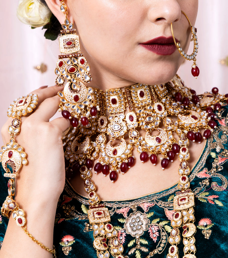 Luxe Gold Plated Kundan Stone With Maroon Beads Bridal Set