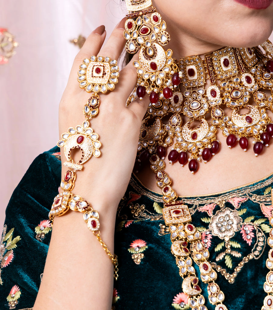 Luxe Gold Plated Kundan Stone With Maroon Beads Bridal Set