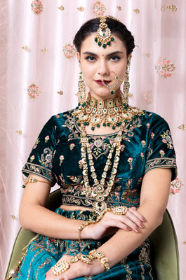 Luxe Gold Plated Kundan With Green Beads Bridal Set