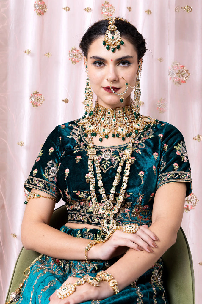 Luxe Gold Plated Kundan With Green Beads Bridal Set
