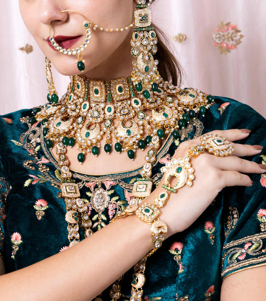 Luxe Gold Plated Kundan Stone With Green Beads Bridal Set