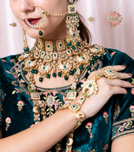 Load image into Gallery viewer, Luxe Gold Plated Kundan Stone With Green Beads Bridal Set