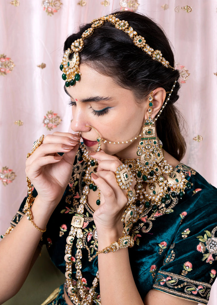 Luxe Gold Plated Kundan With Green Beads Bridal Set