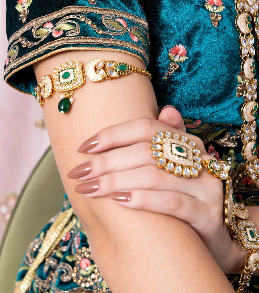 Luxe Gold Plated Kundan With Green Beads Bridal Set