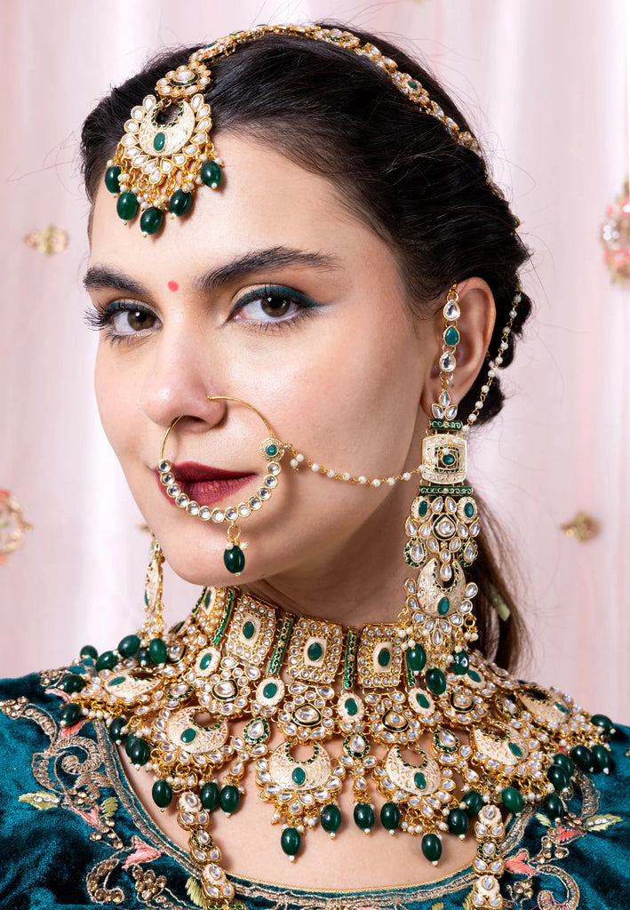 Luxe Gold Plated Kundan With Green Beads Bridal Set