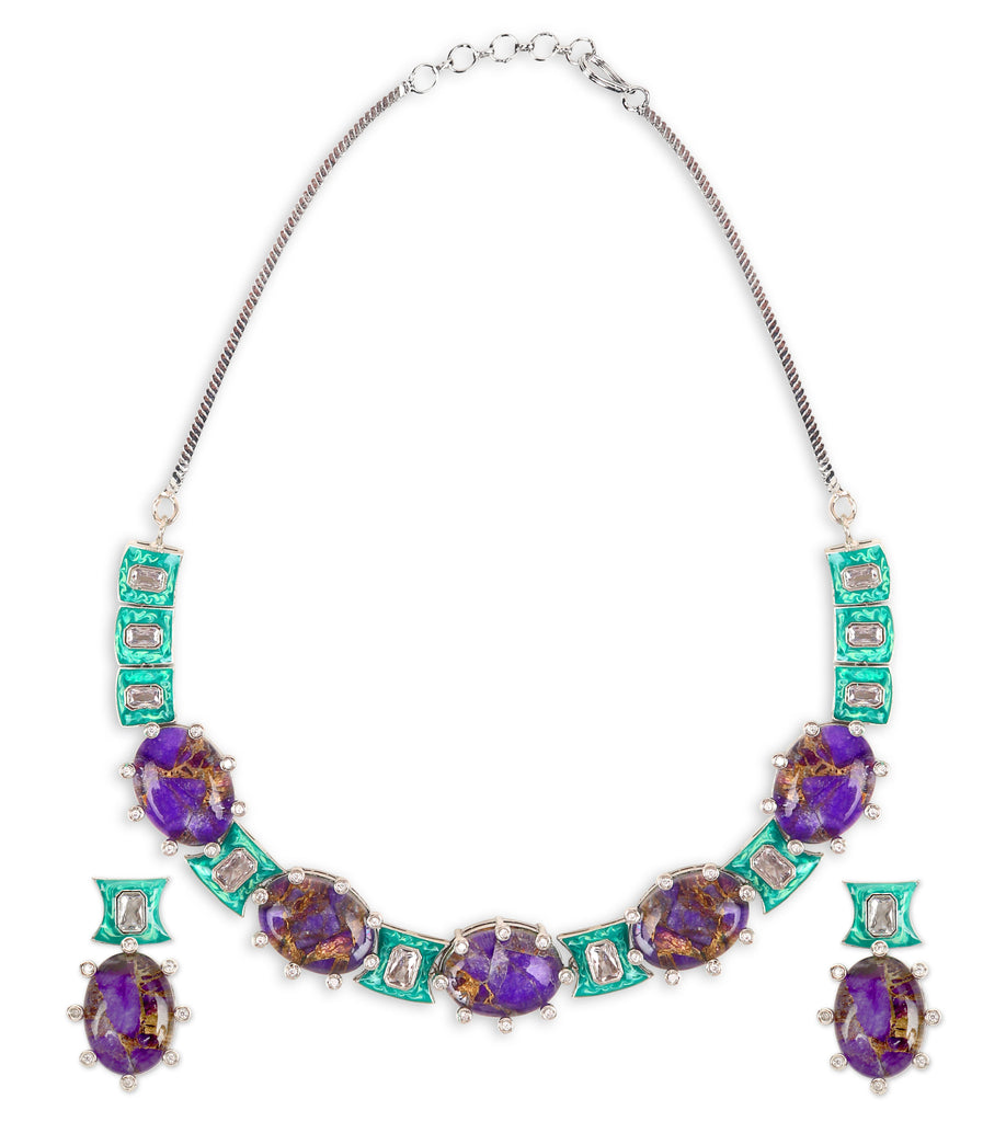 Metallic Doublet Necklace set Sea Green and Purple Colour