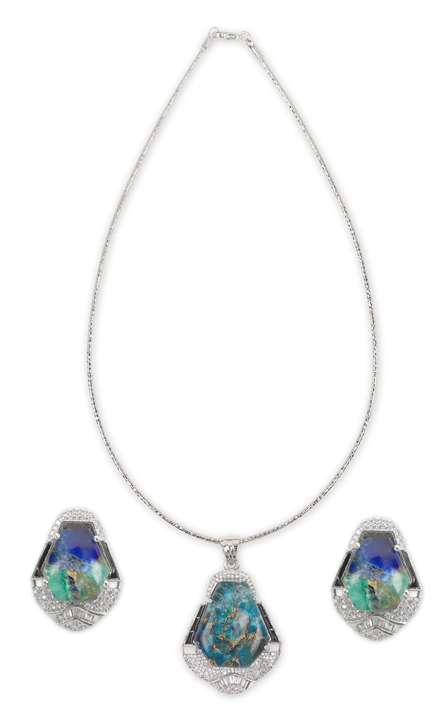 Royal Blue and Sea Green Pota Stone Swarovski Pendant Set