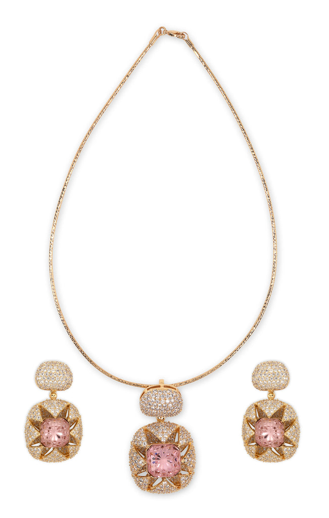 Tasmaye Celestia nano setting gold Plated With Pink Stone Necklace Set