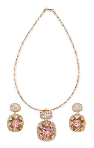 Tasmaye Celestia nano setting gold Plated With Pink Stone Necklace Set