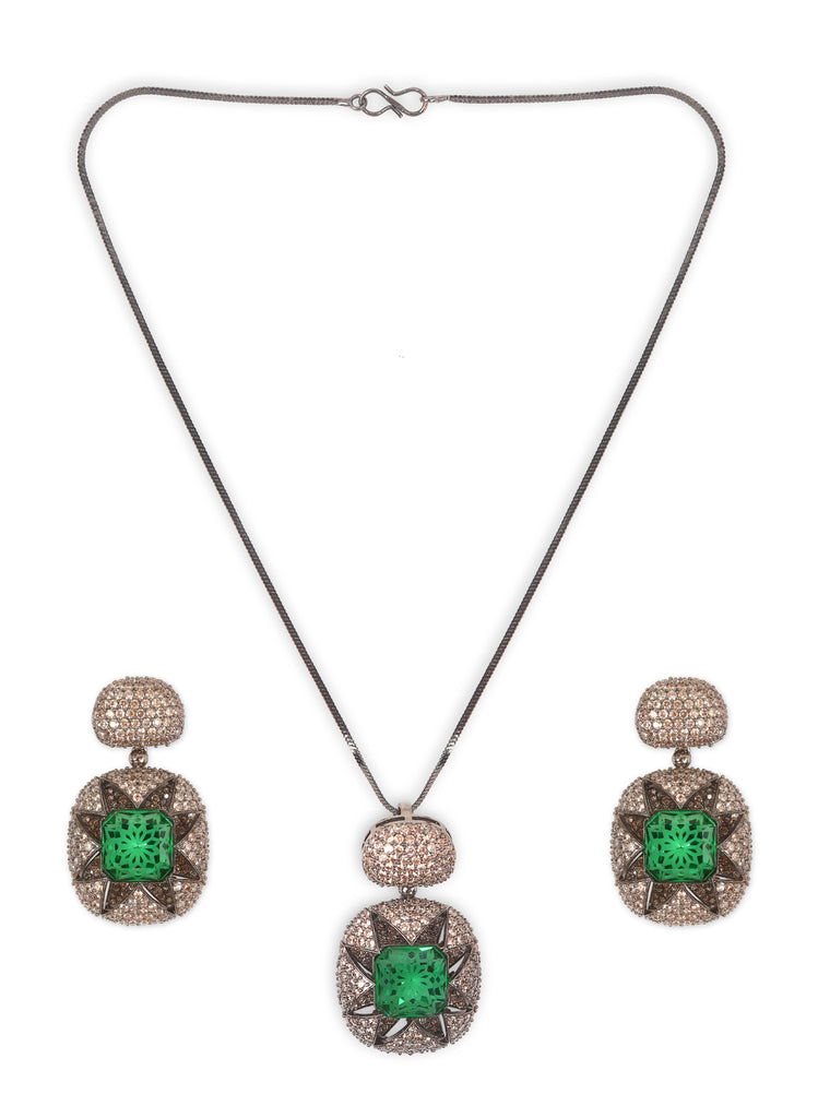 Swarovski nano setting Green Emerald Copper Brown Pendant Set