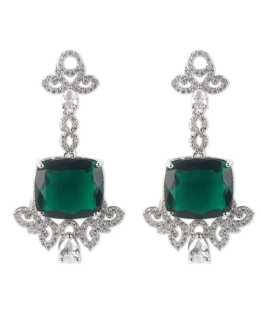 Square Green stone American Diamond with Earrings