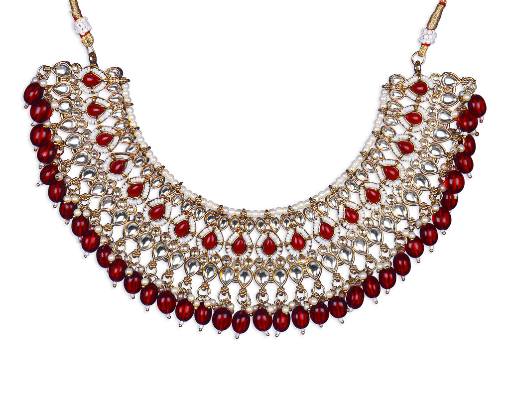 Premium Semi Bridal Kundan Necklace set with Maroon Beads