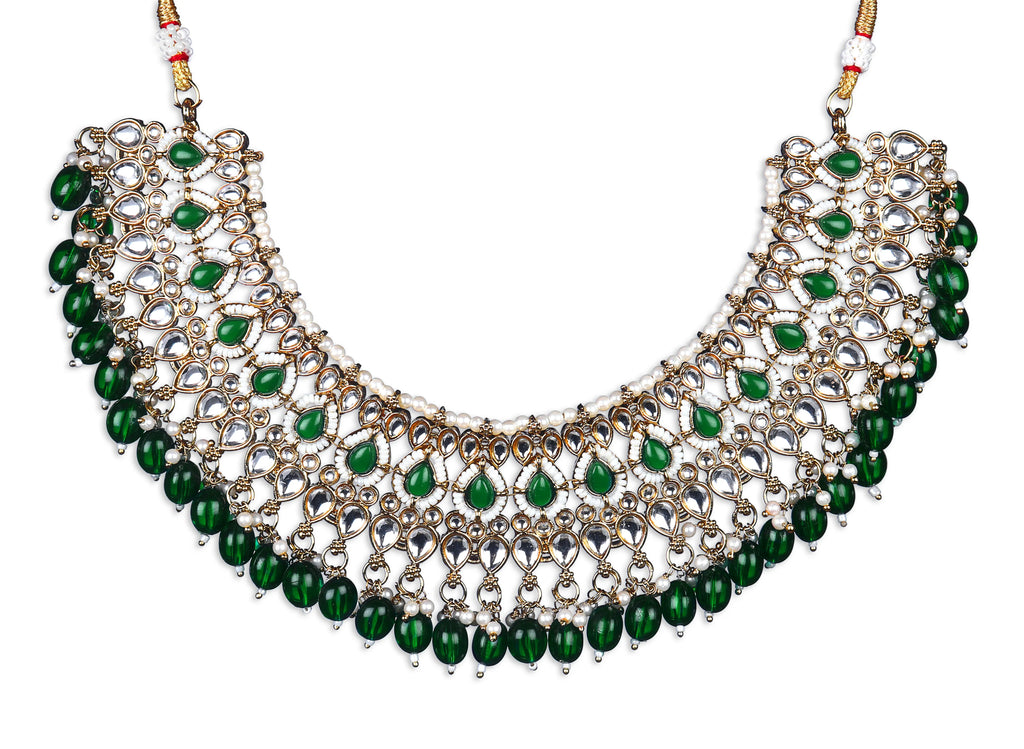 Premium Semi Bridal Kundan Necklace set with Green Beads